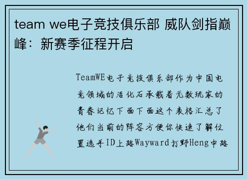 team we电子竞技俱乐部 威队剑指巅峰：新赛季征程开启